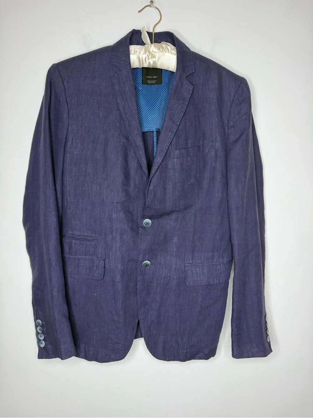 Zara Men's Basic Dark Blue 100% Linen Summer Sport Coat Blazer Size 38R